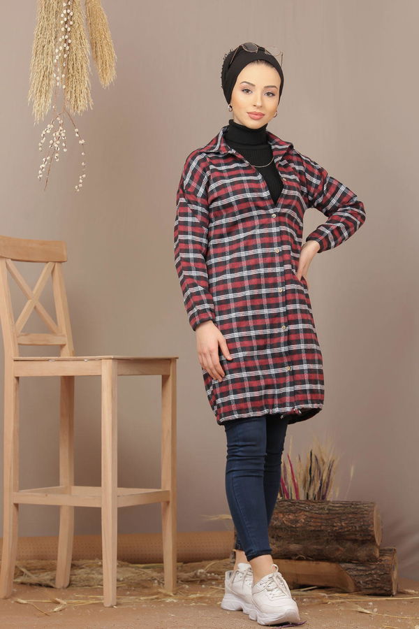 Düz Gömlek Yaka Kadın Bordo Ekose Tunik İpli Haki  - 7933