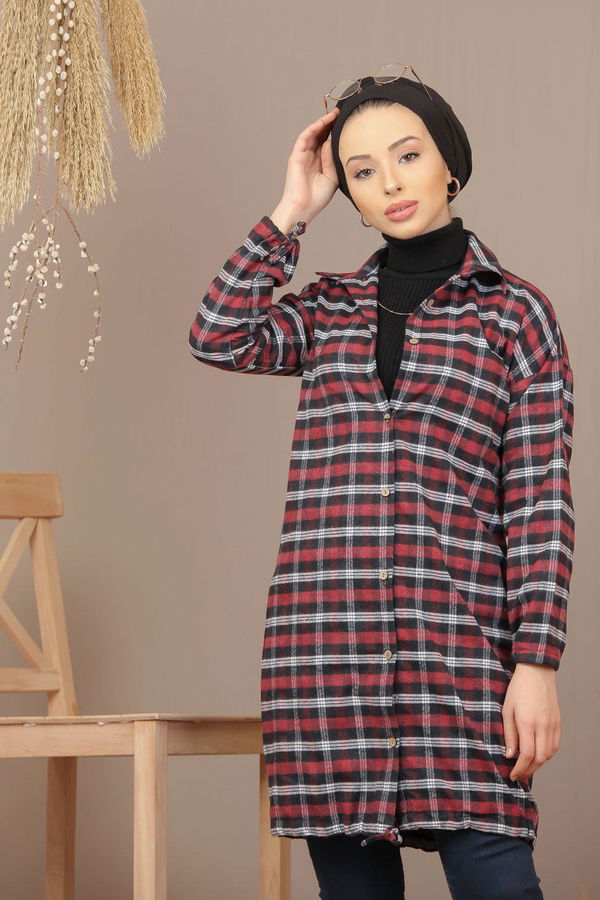 Düz Gömlek Yaka Kadın Bordo Ekose Tunik İpli Haki  - 7933