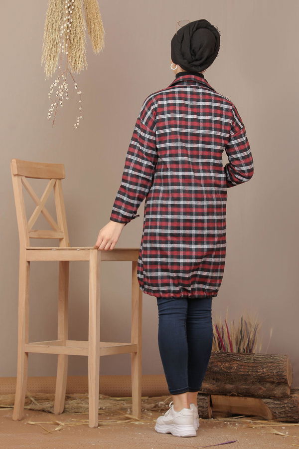 Düz Gömlek Yaka Kadın Bordo Ekose Tunik İpli Haki  - 7933