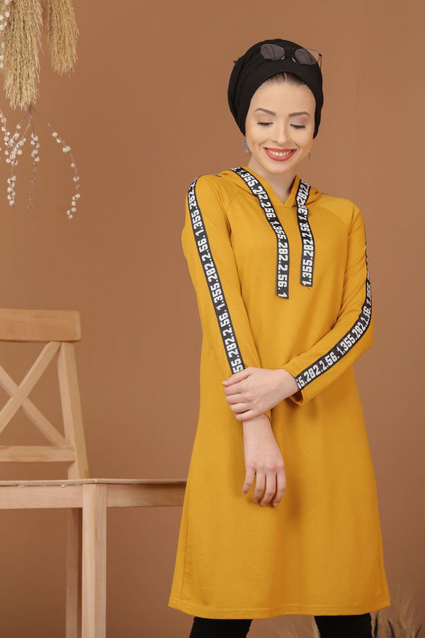 Düz Orta Kadın Sarı Şeritli Kapşonlu Tunik Siyah  - 7854 Sarı