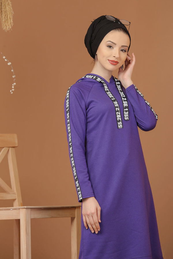 Düz Orta Kadın Mor Şeritli Kapşonlu Tunik Siyah  - 7854