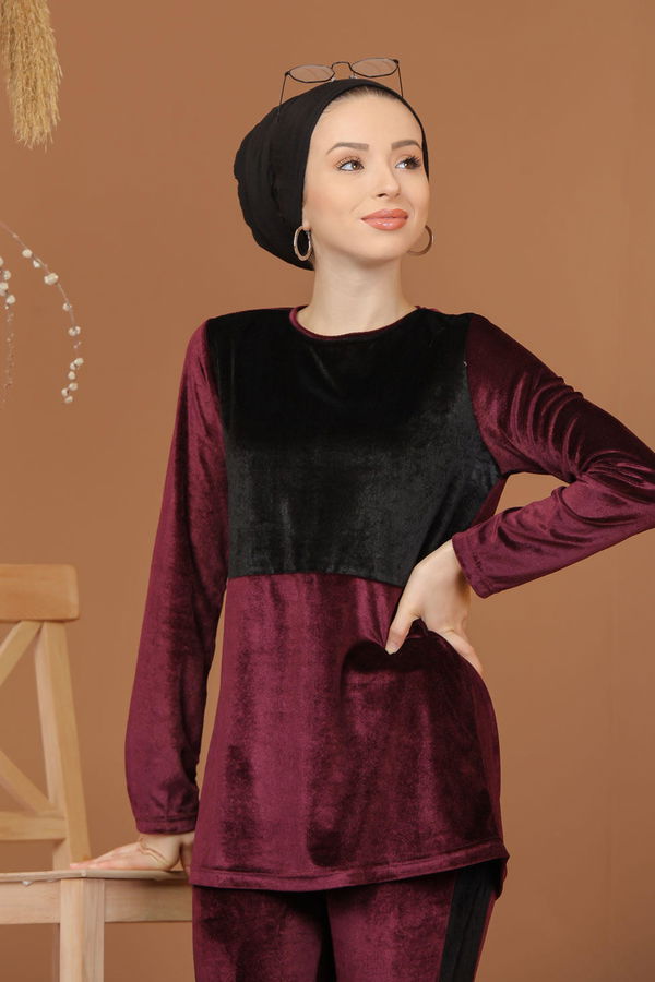 Düz Orta Kadın Mor Desen Tunik Beyaz  - 7192 MOR