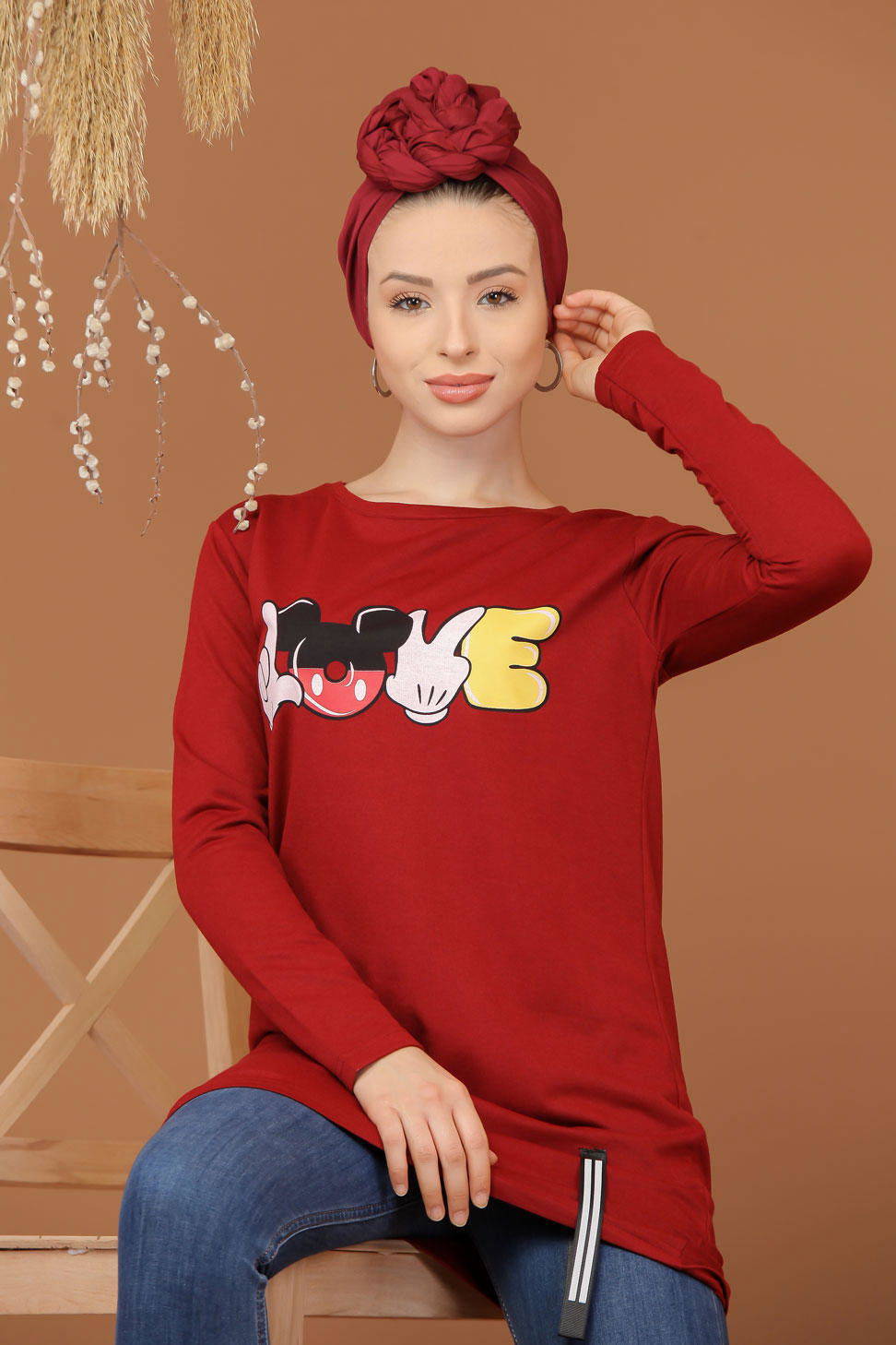 Düz Orta Kadın Bordo Baskılı Tunik Bordo  - 7944 BORDO