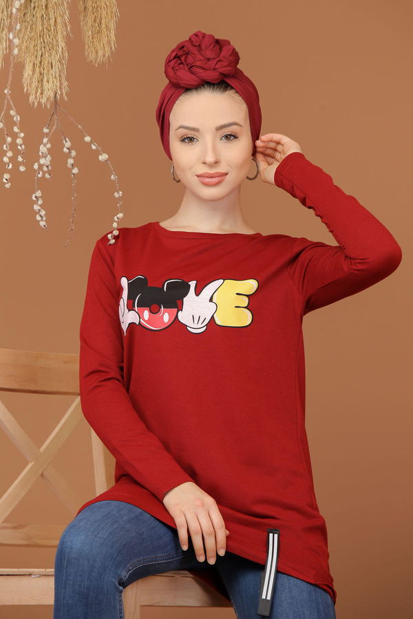Düz Orta Kadın Bordo Baskılı Tunik Bordo  - 7944 BORDO