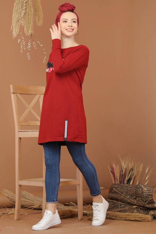 Düz Orta Kadın Bordo Baskılı Tunik Bordo  - 7944 BORDO