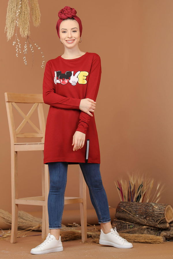 Düz Orta Kadın Bordo Baskılı Tunik Bordo  - 7944 BORDO