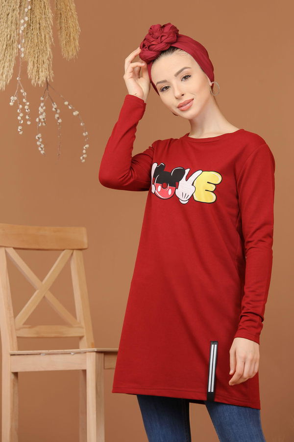 Düz Orta Kadın Bordo Baskılı Tunik Bordo  - 7944 BORDO