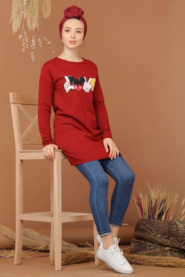 Düz Orta Kadın Bordo Baskılı Tunik Bordo  - 7944 BORDO