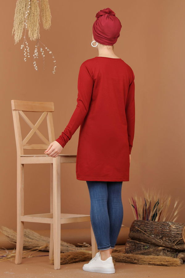 Düz Orta Kadın Bordo Baskılı Tunik Bordo  - 7944 BORDO