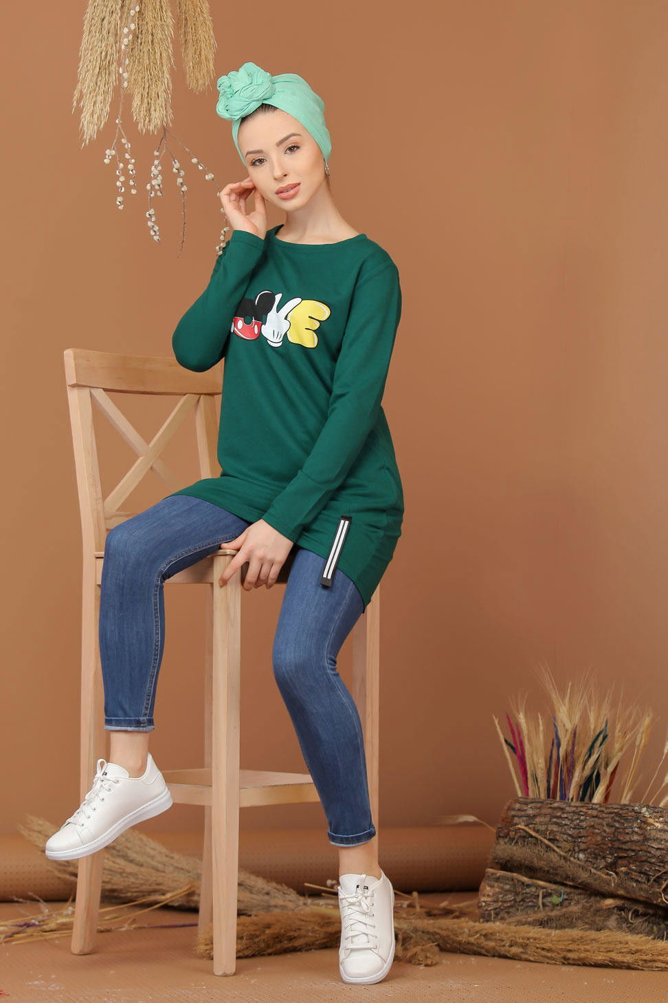 Düz Orta Kadın Yeşil Baskılı Tunik Bordo  - 7944