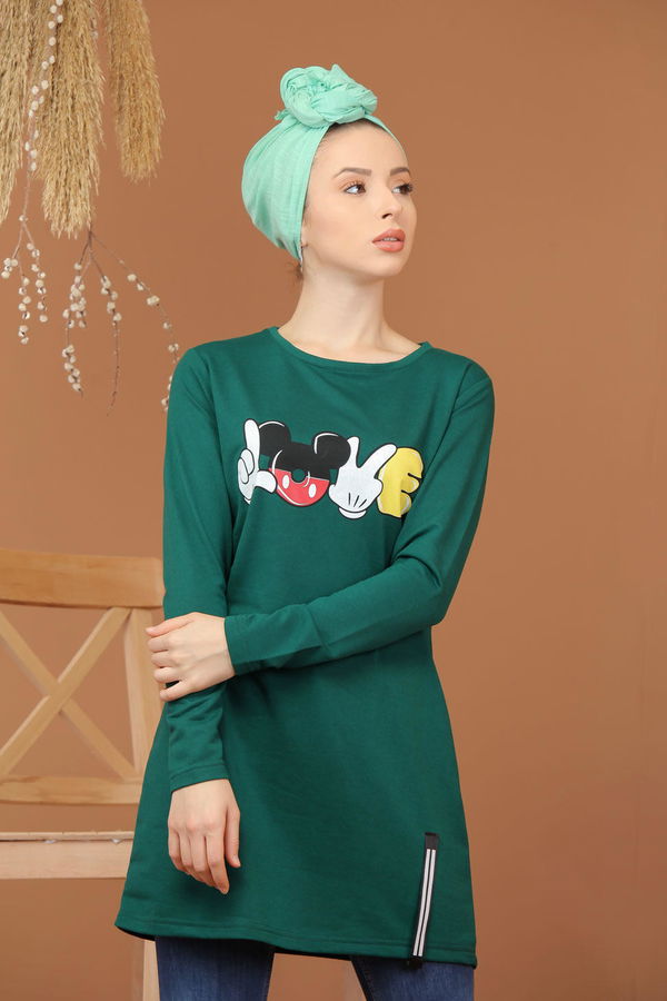 Düz Orta Kadın Yeşil Baskılı Tunik Bordo  - 7944