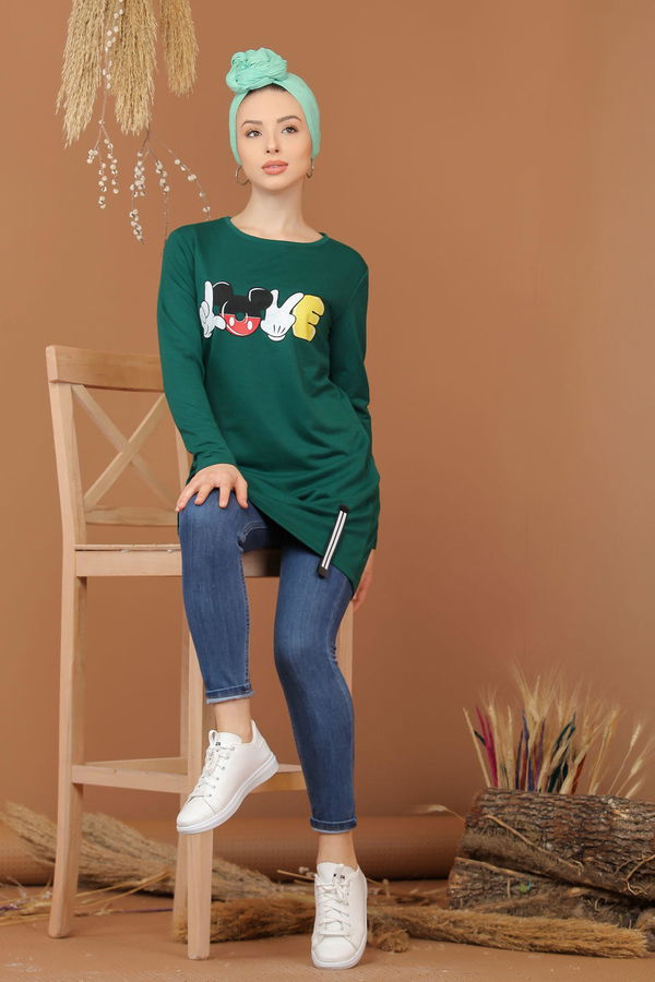 Düz Orta Kadın Yeşil Baskılı Tunik Bordo  - 7944