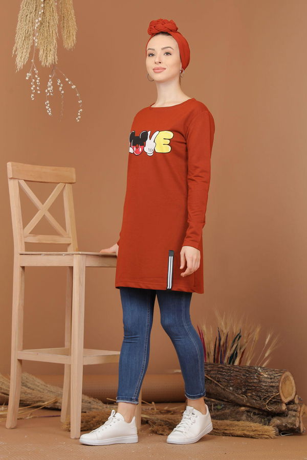 Düz Orta Kadın Kiremit Baskılı Tunik Bordo  - 7944