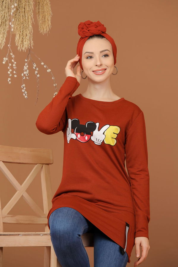 Düz Orta Kadın Kiremit Baskılı Tunik Bordo  - 7944