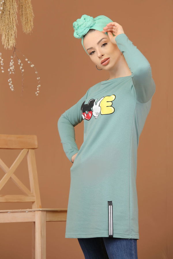 Düz Orta Kadın Yeşil Baskılı Tunik Bordo  - 7944 YEŞİL