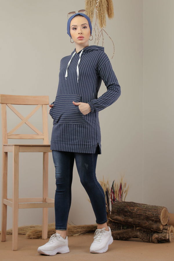 Düz Orta Kadın Mavi Kapşonlu Tunik İndigo - 4100 - 4100 MAVİ