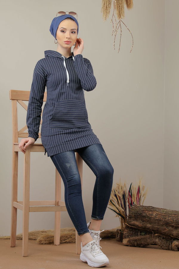 Düz Orta Kadın Mavi Kapşonlu Tunik İndigo - 4100 - 4100 MAVİ