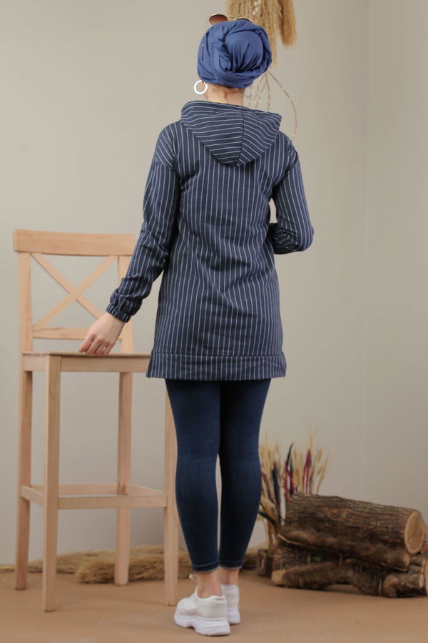 Düz Orta Kadın Mavi Kapşonlu Tunik İndigo - 4100 - 4100 MAVİ
