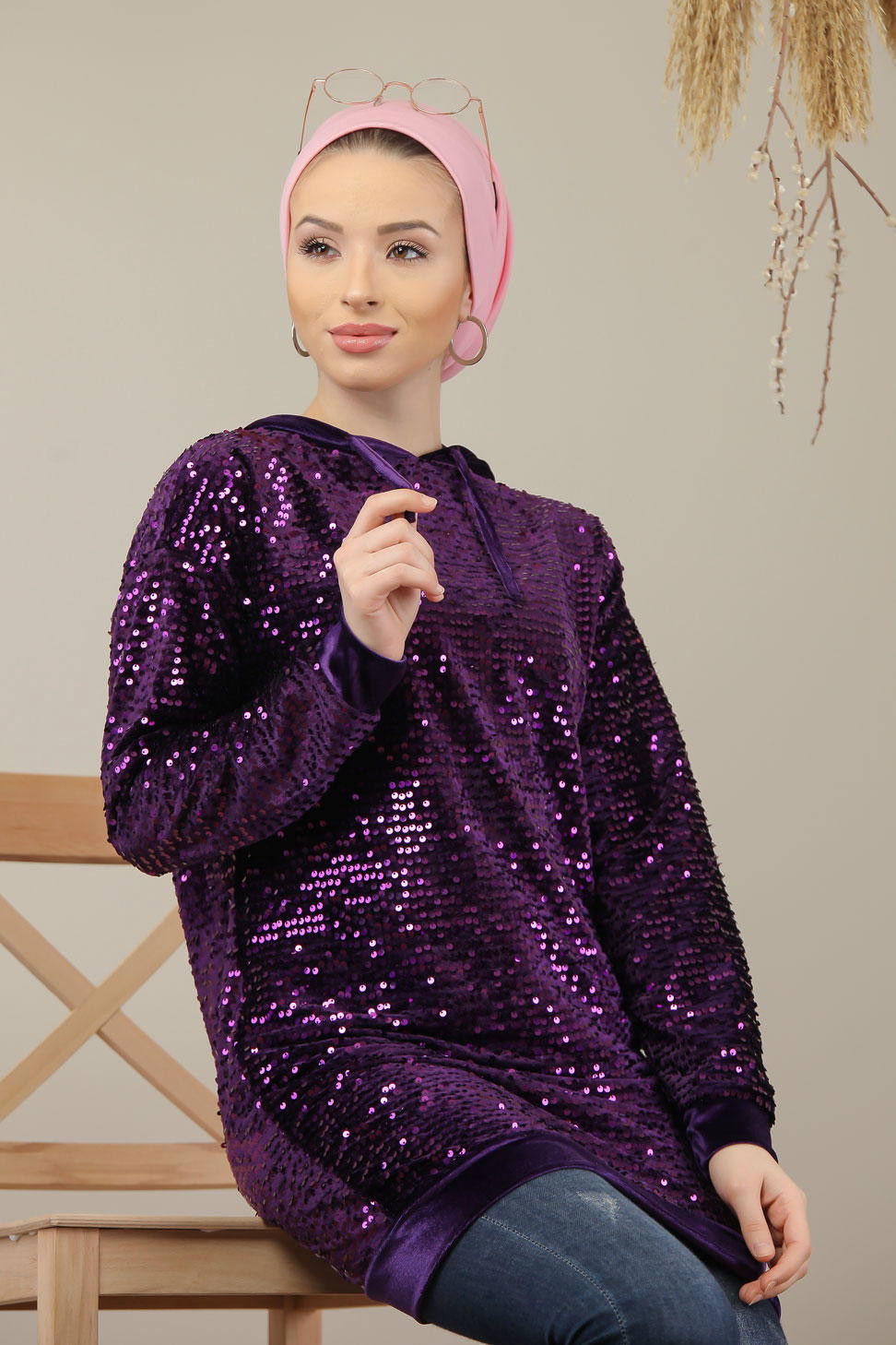 Düz Orta Kadın Mor Pul Payet Tunik Siyah  - 7911