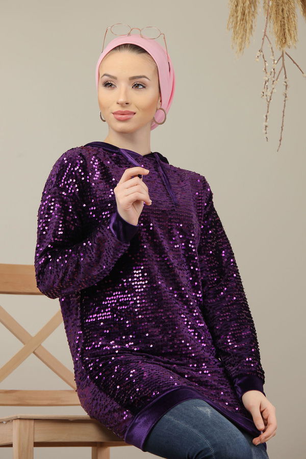 Düz Orta Kadın Mor Pul Payet Tunik Siyah  - 7911