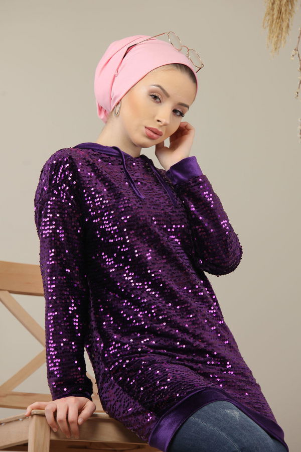 Düz Orta Kadın Mor Pul Payet Tunik Siyah  - 7911