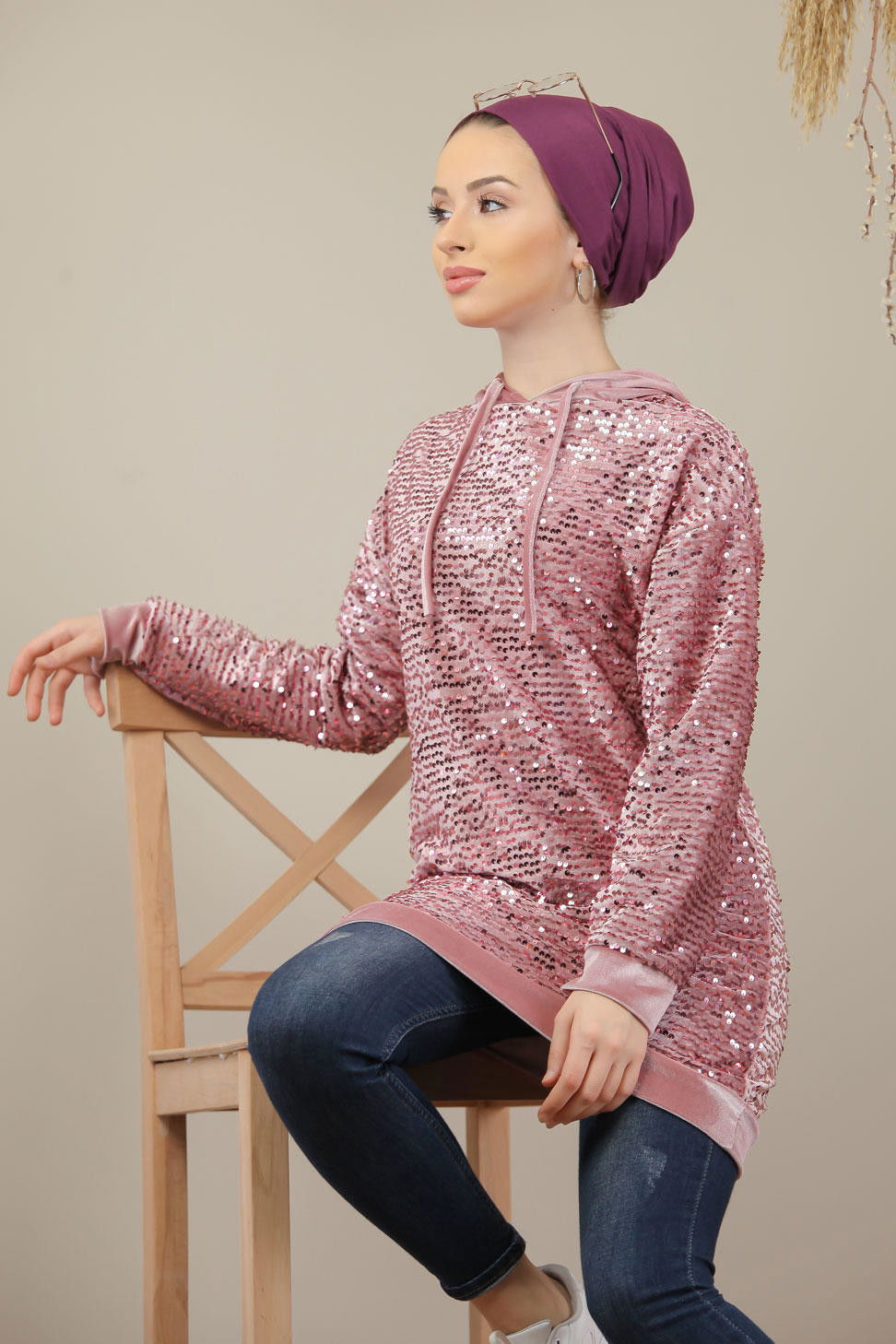 Düz Orta Kadın Pembe Pul Payet Tunik Siyah  - 7911 PEMBE