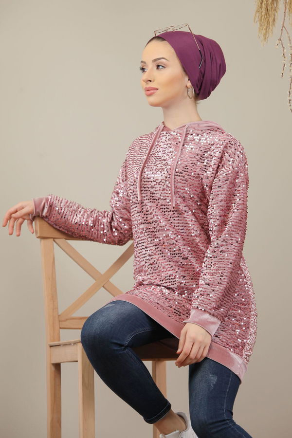Düz Orta Kadın Pembe Pul Payet Tunik Siyah  - 7911 PEMBE