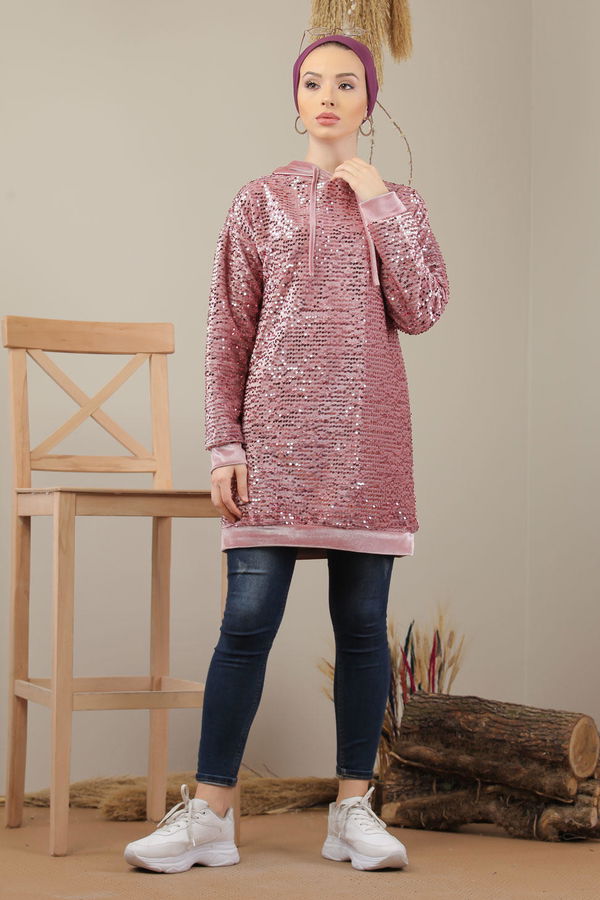 Düz Orta Kadın Pembe Pul Payet Tunik Siyah  - 7911 PEMBE