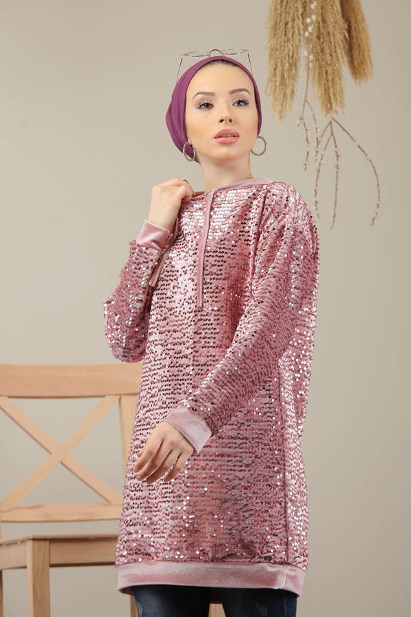 Düz Orta Kadın Pembe Pul Payet Tunik Siyah  - 7911 PEMBE