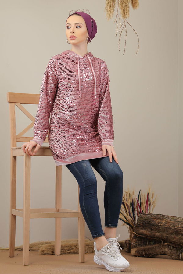Düz Orta Kadın Pembe Pul Payet Tunik Siyah  - 7911 PEMBE