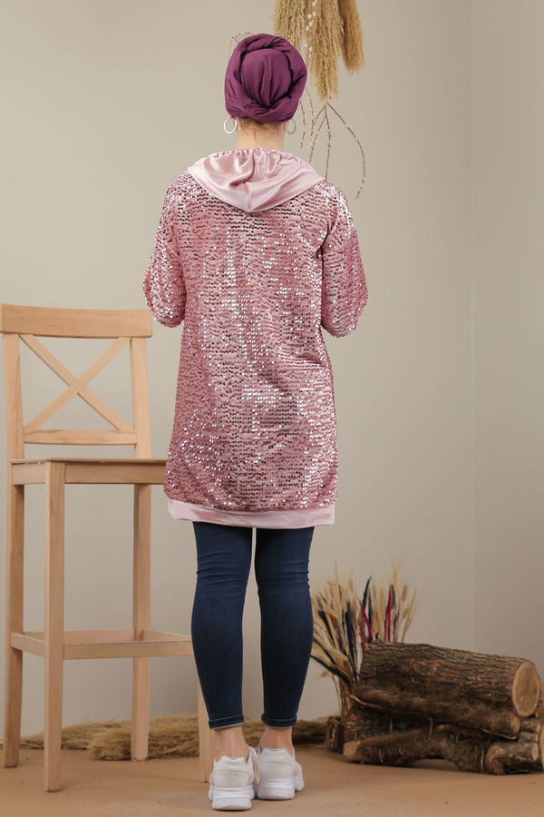 Düz Orta Kadın Pembe Pul Payet Tunik Siyah  - 7911 PEMBE
