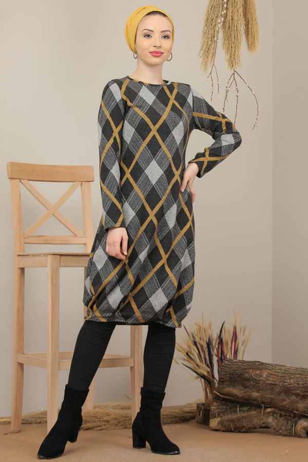 Düz Orta Kadın Sarı Ekose Tunik Bordo  - 5204
