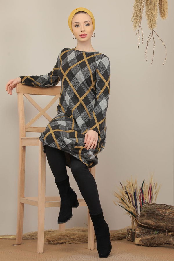 Düz Orta Kadın Sarı Ekose Tunik Bordo  - 5204