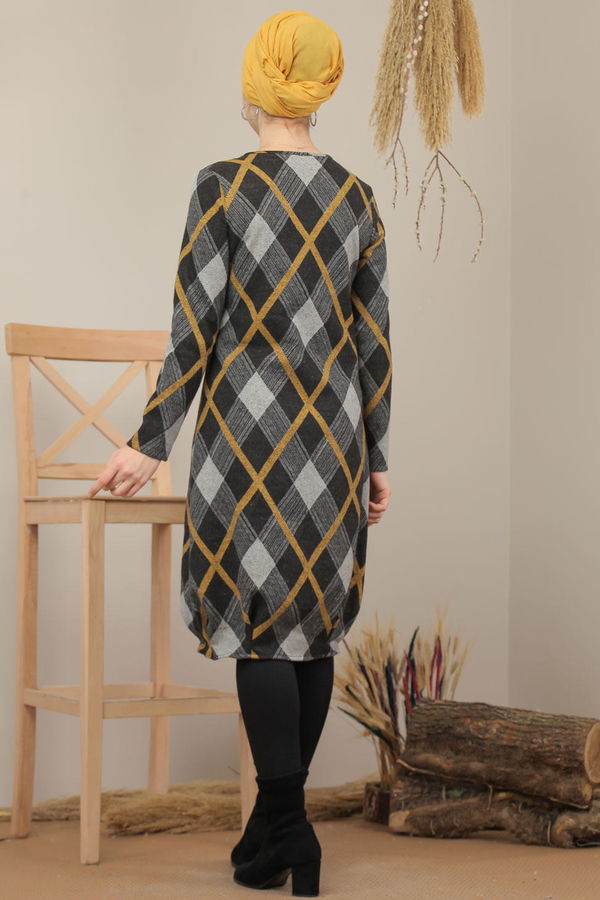 Düz Orta Kadın Sarı Ekose Tunik Bordo  - 5204