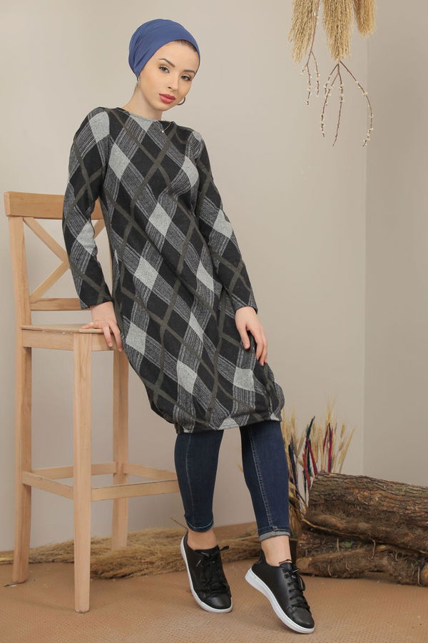 Düz Orta Kadın Gri Ekose Tunik Bordo  - 5204 GRİ