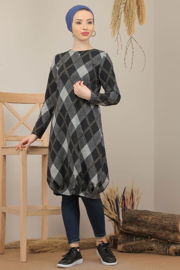 Düz Orta Kadın Gri Ekose Tunik Bordo  - 5204 GRİ