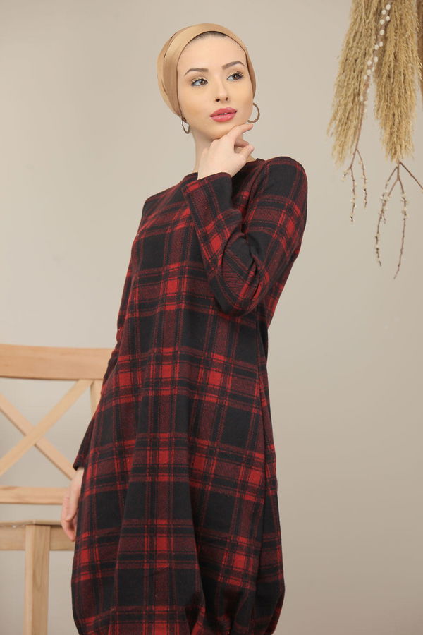Düz Orta Kadın Kırmızı Ekose Tunik Haki  - 5203