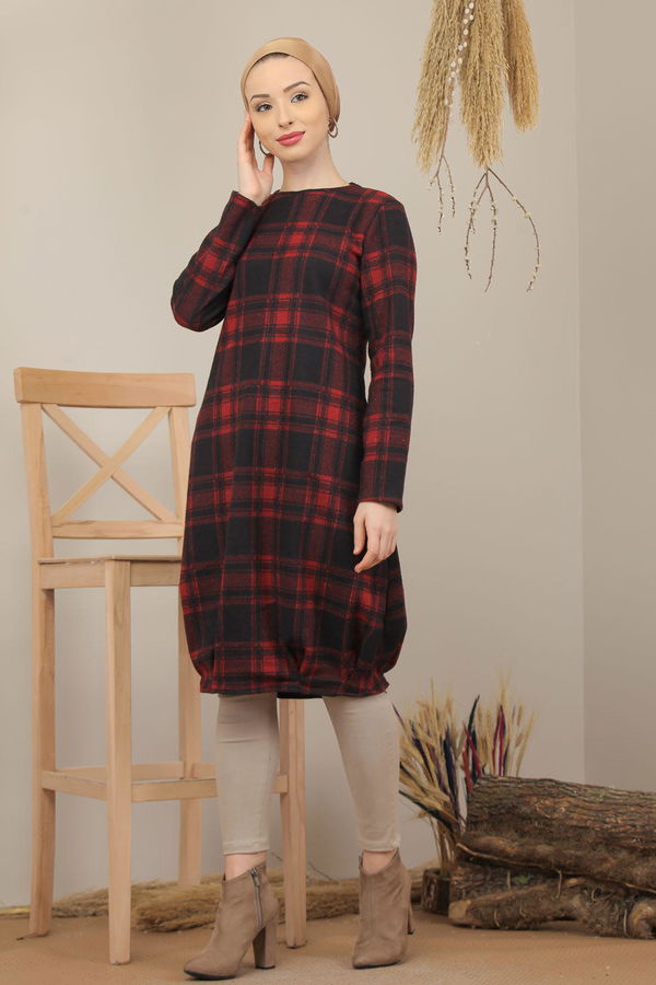 Düz Orta Kadın Kırmızı Ekose Tunik Haki  - 5203
