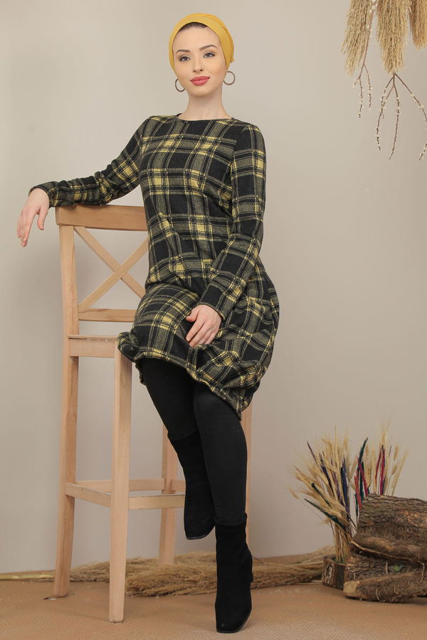 Düz Orta Kadın Sarı Ekose Tunik Haki  - 5203 Sarı
