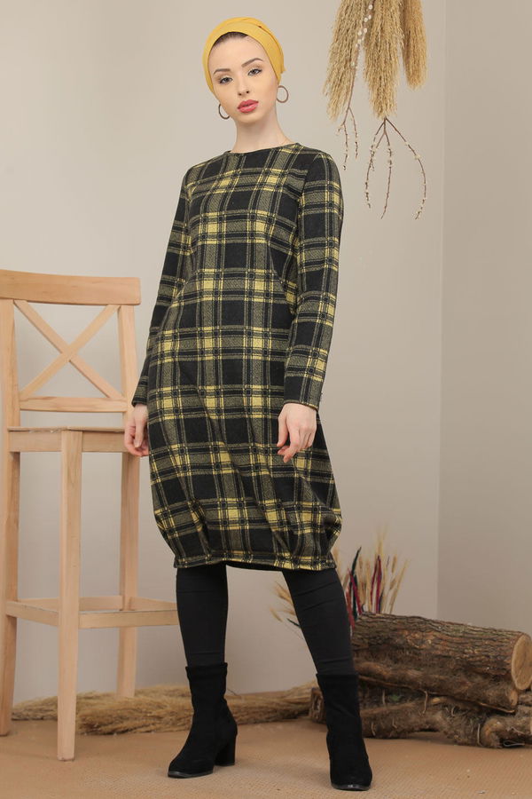 Düz Orta Kadın Sarı Ekose Tunik Haki  - 5203 Sarı