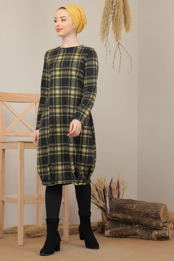 Düz Orta Kadın Sarı Ekose Tunik Haki  - 5203 Sarı