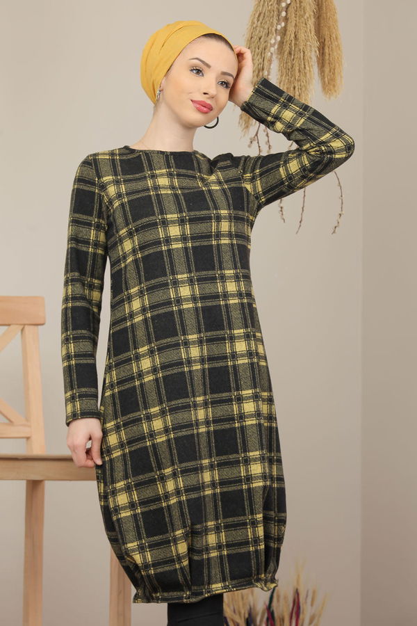 Düz Orta Kadın Sarı Ekose Tunik Haki  - 5203 Sarı