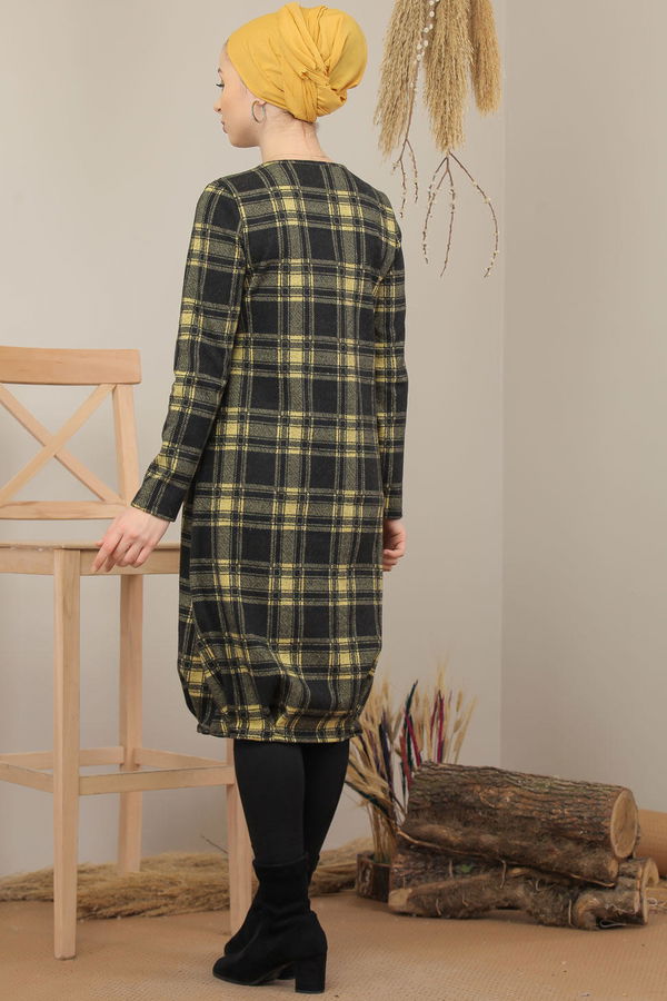 Düz Orta Kadın Sarı Ekose Tunik Haki  - 5203 Sarı