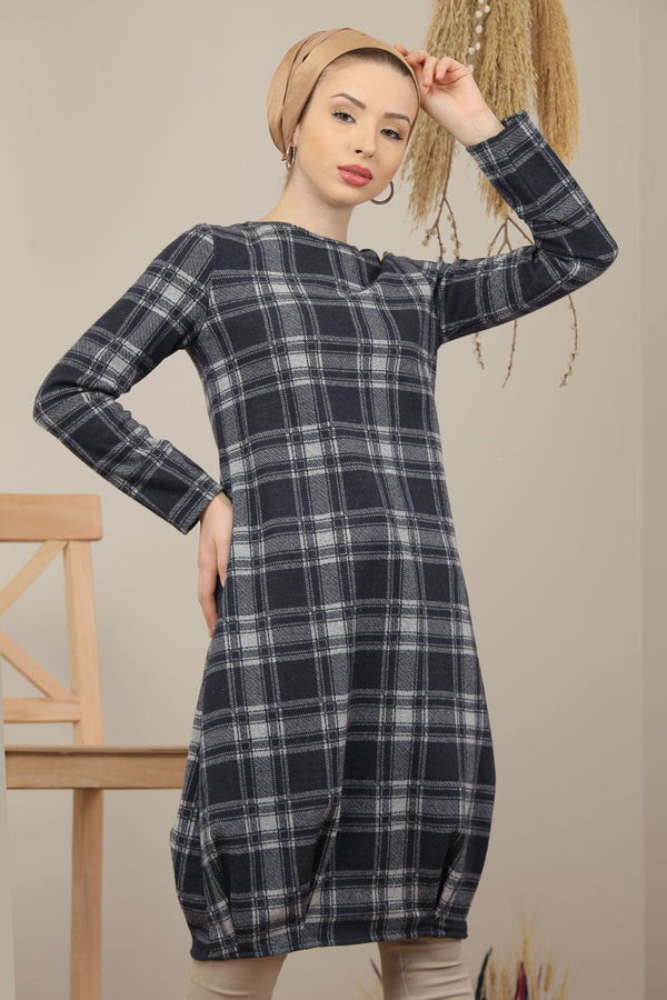 Düz Orta Kadın Lacivert Ekose Tunik Haki  - 5203