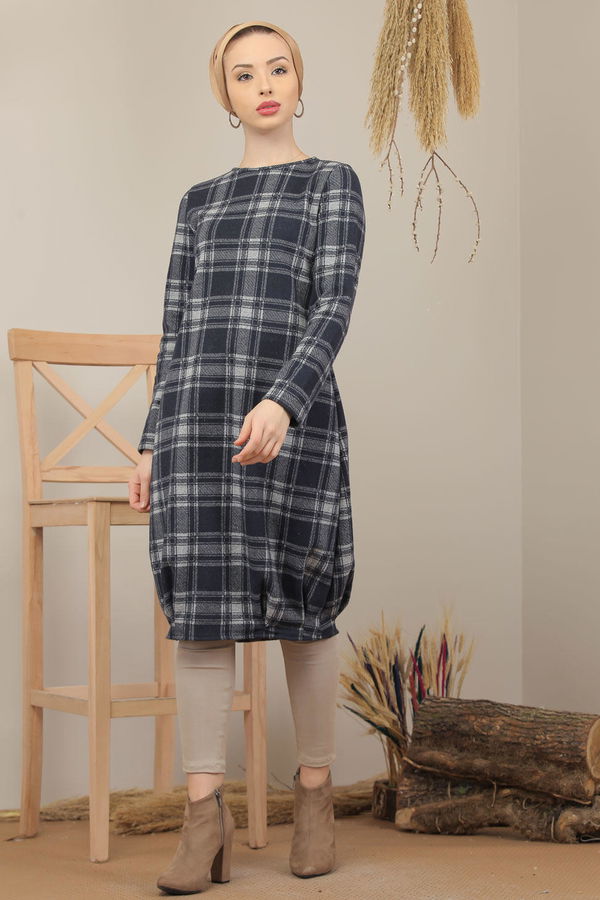 Düz Orta Kadın Lacivert Ekose Tunik Haki  - 5203