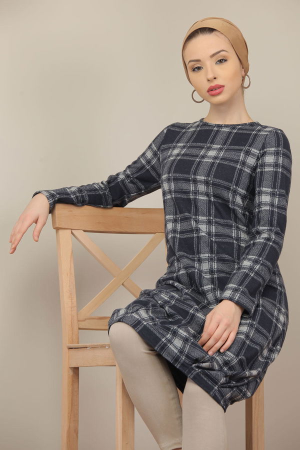 Düz Orta Kadın Lacivert Ekose Tunik Haki  - 5203