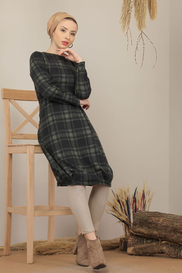 Düz Orta Kadın Haki Ekose Tunik Haki  - 5203