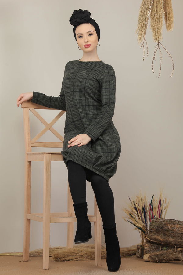 Düz Orta Kadın Haki Ekose Tunik Haki  - 5202 HAKİ