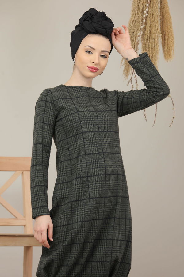 Düz Orta Kadın Haki Ekose Tunik Haki  - 5202 HAKİ