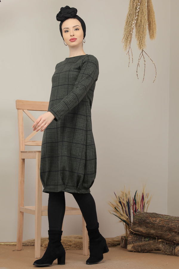 Düz Orta Kadın Haki Ekose Tunik Haki  - 5202 HAKİ